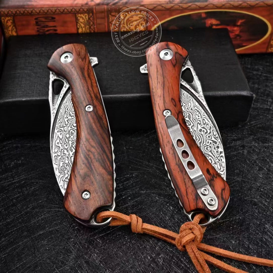 Japanese VG10 Damascus Folding Knife Blood Grooved Camping Rescue Pocket Sheath -AK-HT0694