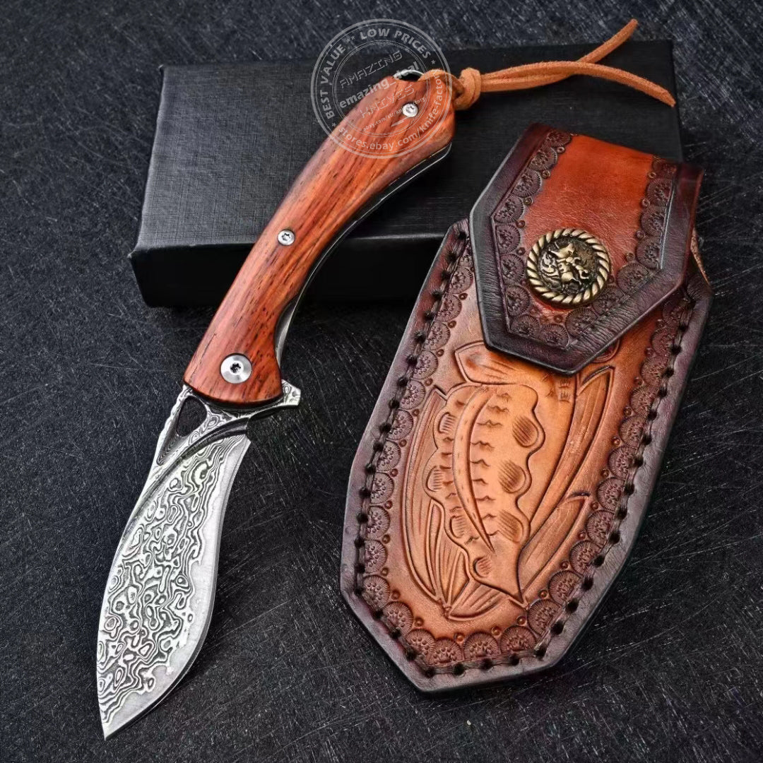 Japanese VG10 Damascus Folding Knife Blood Grooved Camping Rescue Pocket Sheath -AK-HT0694