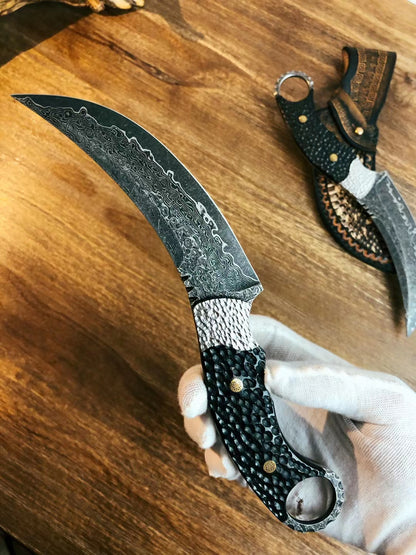 Forged Damascus Hunting Knife Survival Claw Karambit Fixed Blade Ebony W/ Sheath - AK-HT0697