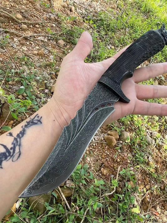 Hunting Damascus Bowie Knife Rescue Survival Knife Collectible Handmade Knife Wolf Head - AK-HT0708