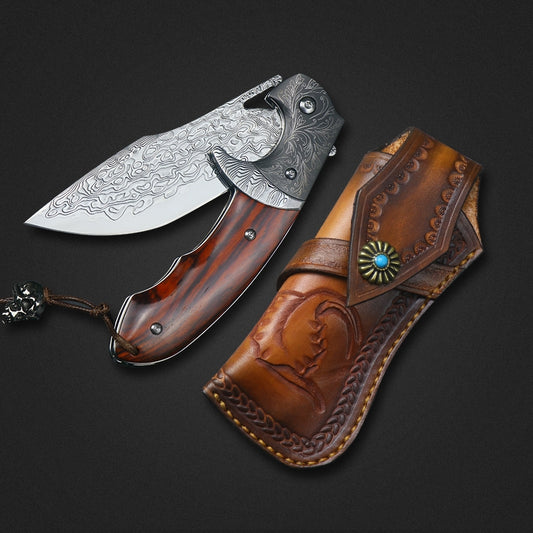 VG 10 Steel Damascus Folding Knife w/ Sheath Assist Flipper Knife Wood - AK-HT0578